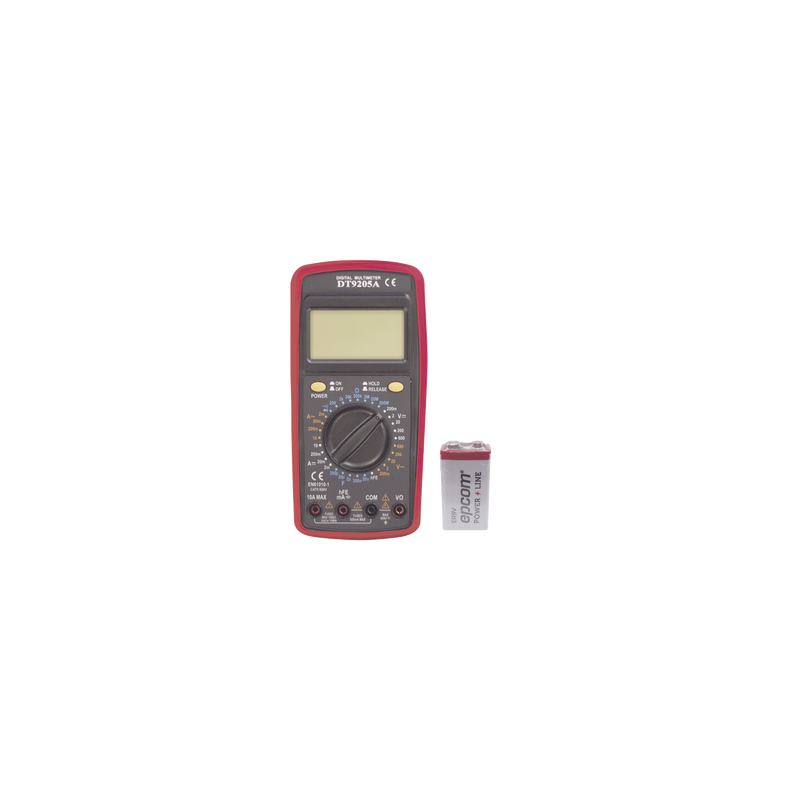 KIT Multímetro Digital DT9205A 600 Vcc /  Vca  CATII,  con Pantalla LCD. Incluye Batería ER-9V de 9V
