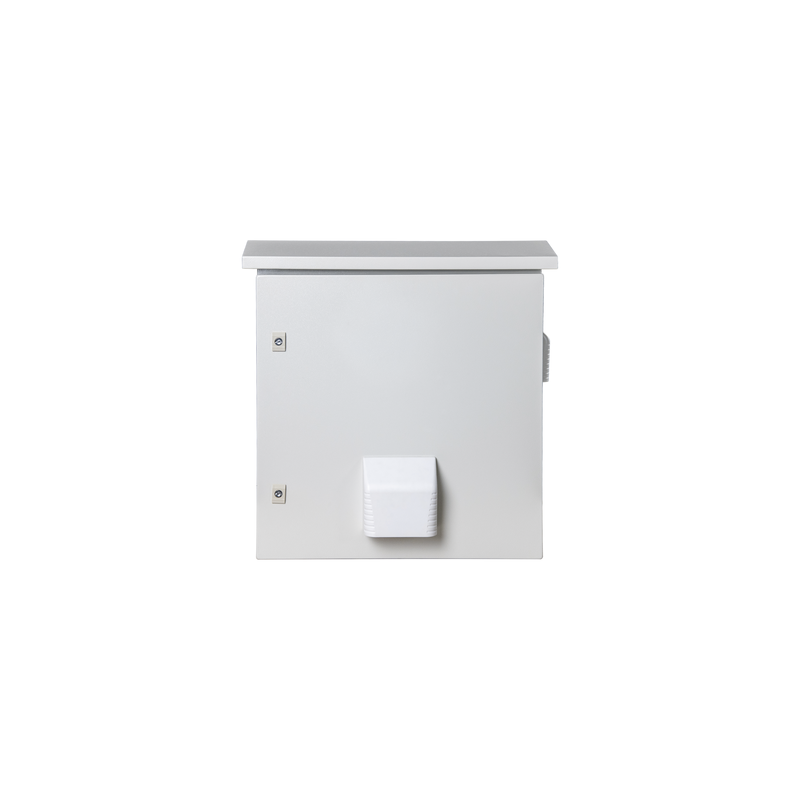 Gabinete Ventilado de Acero IP55 Uso en Exterior (593 x 609 x 399 mm) con Placa Trasera Interior Metálica y Compuerta Inferior Atornillable. Incluye Ventilador, Ventilas, filtros, Montaje Rack 19", Terminal de Tierra Física, Chapas y Ll