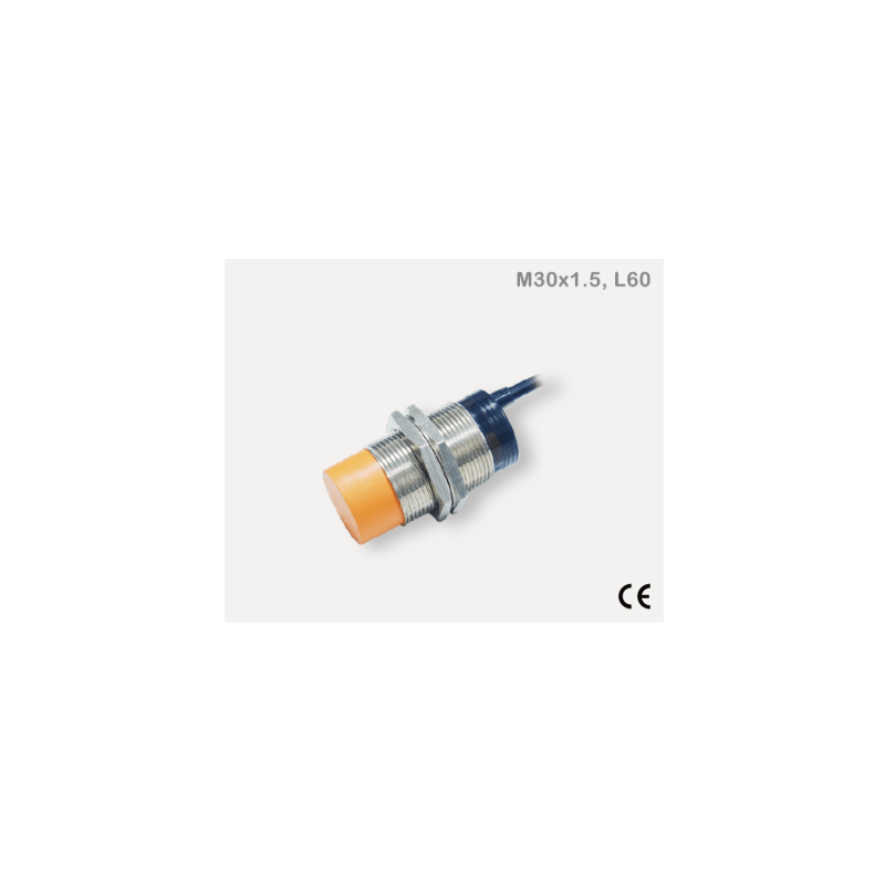 Sensor Inductivo de Proximidad Cilíndrico / M30 / 15 mm Detección / PNP N.O. / Cable 3 Hilos 2 Metros / IP67 / Protección Completa / −25...+70°C