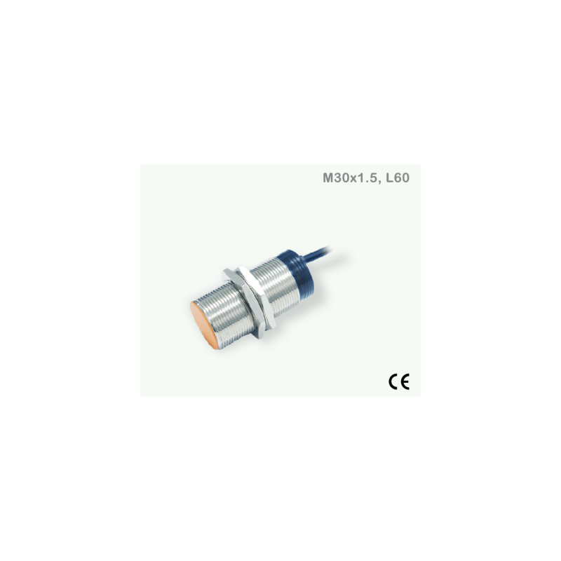 Sensor Inductivo Proximidad Cilíndrico / M30 Cable 3 Hilos / PNP N.O. / 10 mm Detección / IP67 / Protección Cortocircuito y Polaridad Inversa / Cable 2 Metros / −25...+70°C