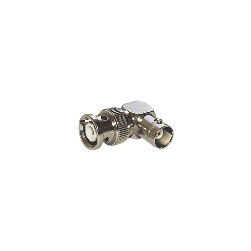 Adaptador en Ángulo Recto para 75 Ohm, de Conector BNC Macho a BNC Hembra (Monitor), Níquel/ Oro/ Teflón.