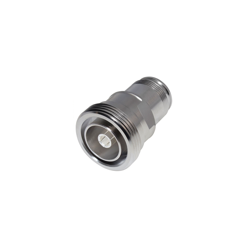 Adaptador en Línea de Conector DIN 7-16 Hembra a 4.3-10 Hembra, Bronce Blanco/ Plata/ Teflón.