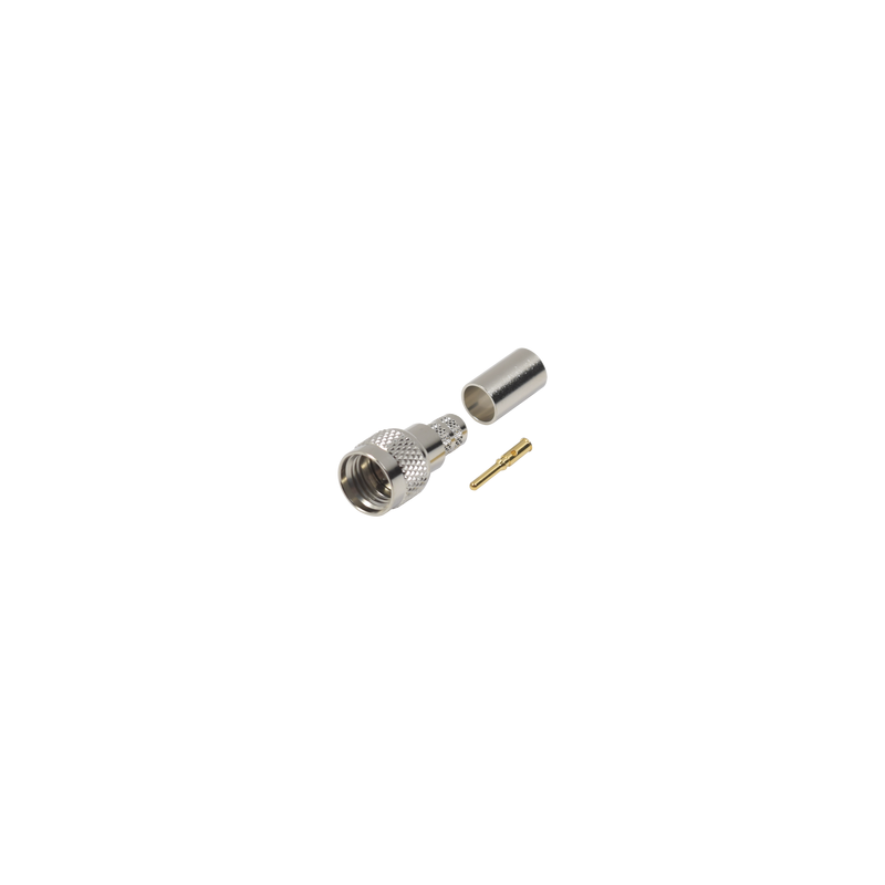 Conector Mini-UHF Macho, 50 Ohm de Anillo Plegable para  LMR-240, RG-8/X, 9258, Niquel/ Oro/ Delrin.
