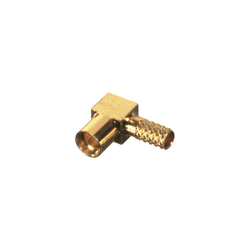 Conector MMCX Hembra en Ángulo Recto de Anillo Plegable para Cable RG-174/U, Grupo B, Oro/ Oro/ Teflón.