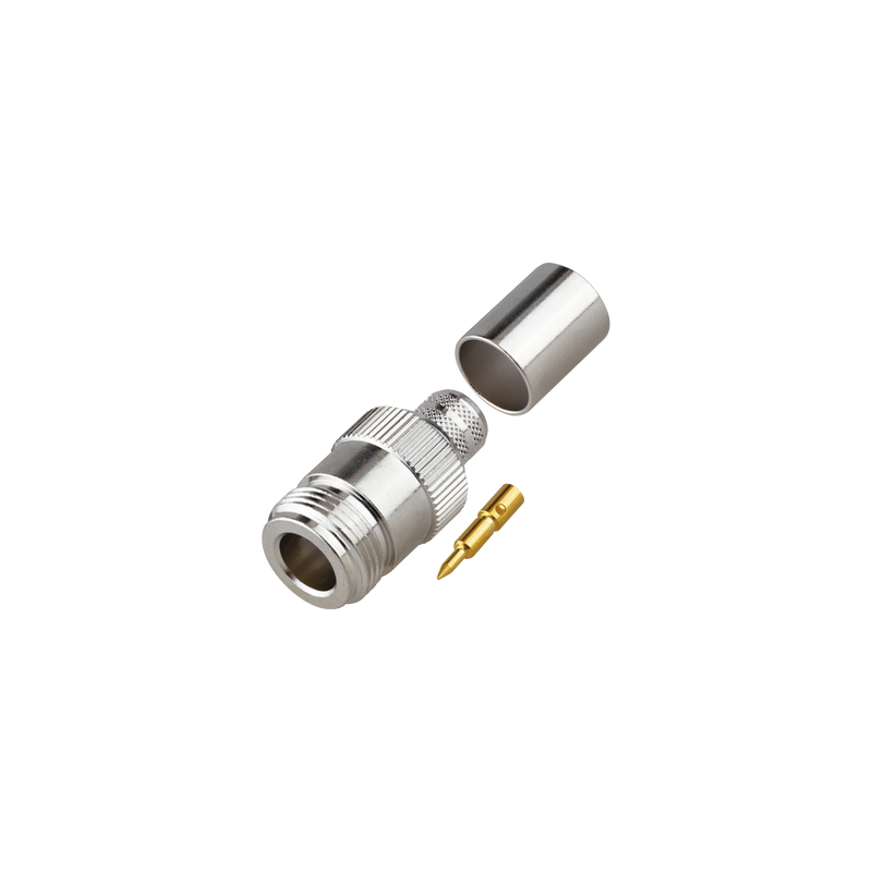Conector N Hembra Inverso de Anillo Plegable para Cables 9913, RG-8/U, LMR-400, Grupo I, Níquel/ Oro/ Teflón.
