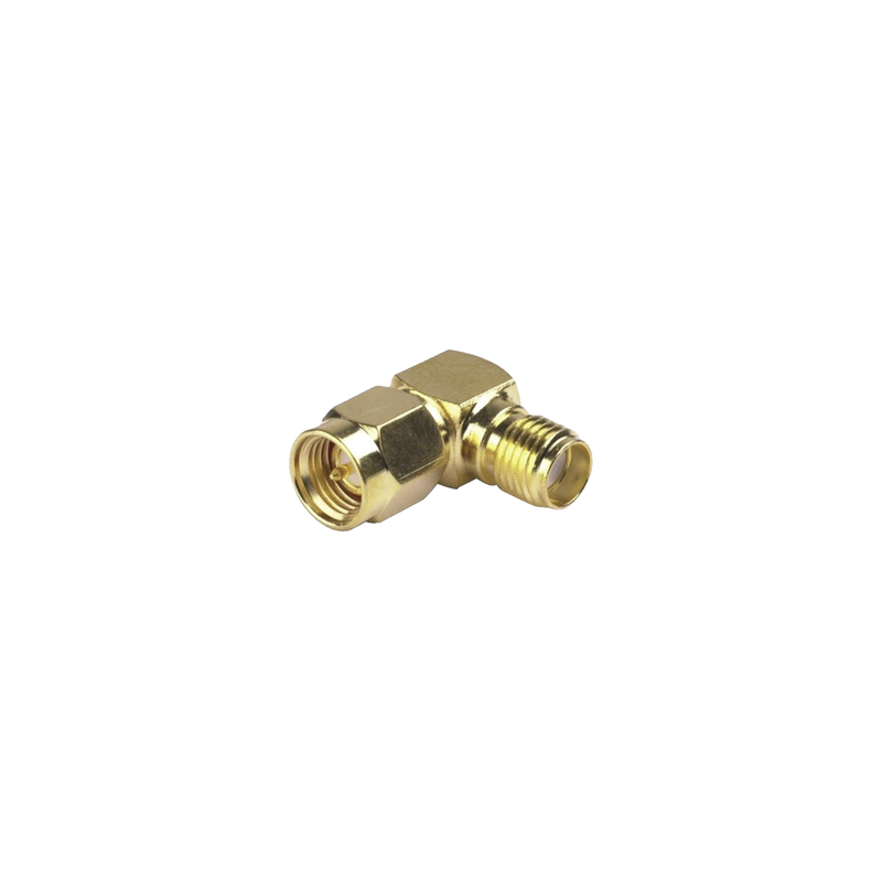 Adaptador en Ángulo Recto, de Conector SMA Macho a SMA Hembra, Oro/ Oro/ Teflón.