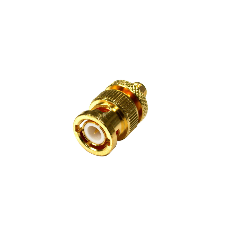 Adaptador en Linea de Conector SMA Hembra a BNC Macho, Oro/ Oro/ Teflón.