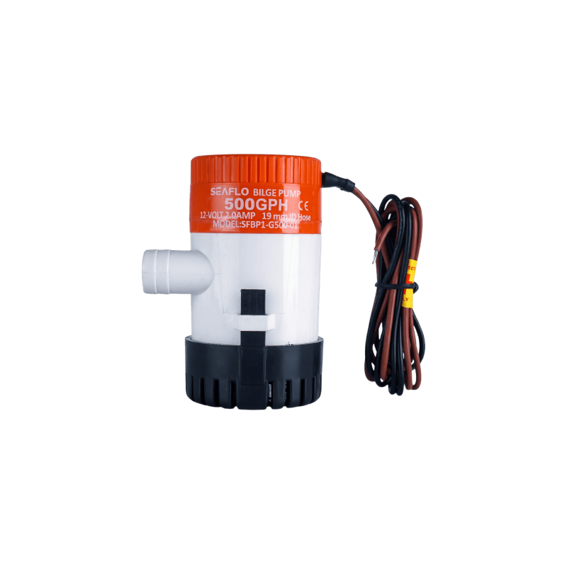 Bomba de Achique Marina Sumergible Eléctrica 12V / 500 GPH / No Automática / Protección Anti-Aire / Sellos Herméticos / Cableado Marino / Base de Filtro Removible