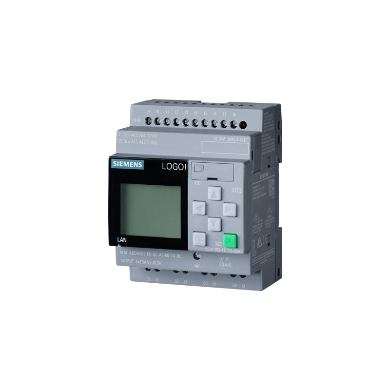 Módulo Lógico LOGO! 24CE / Display con Fuente de Alimentación / 8 DI (4 AI) / 4 DO Transistor / Ethernet Integrado / Servidor Web / Data Log / Expansión Modular / 400 Bloques de Memoria / MicroSD / Cloud MQTT