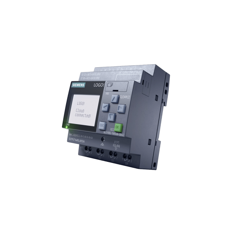 Módulo Lógico LOGO! / 12-24V DC / 8 DI (4 AI) / 4 DO Relay / Ethernet Integrado / Servidor Web / Data Log / 400 Bloques Memoria / Expandible Modularmente / Cloud MQTT / Display Integrado
