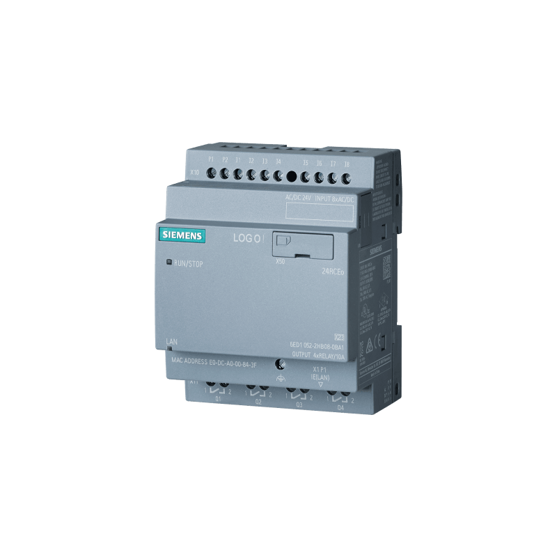 Módulo Lógico LOGO! 24RCEO (AC) / 24 V DC/24 V AC/Relé / 8 DI/4 DO / Sin Display / Memoria 400 Bloques / Expansible / Ethernet / Web Server Integrado / Data Log / Web Pages Personalizables / microSD / Soporte MQTT / Cloud