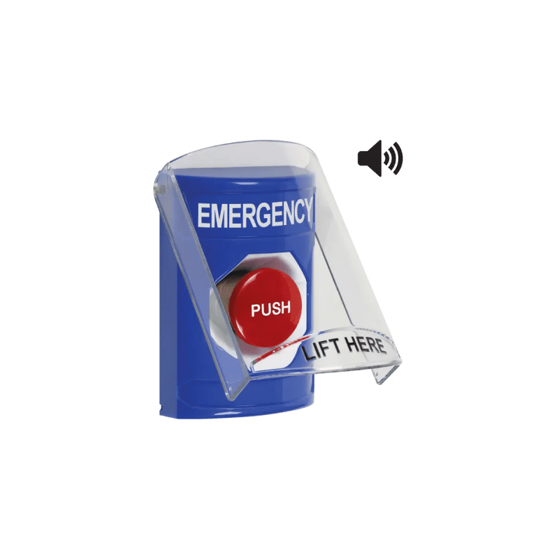 Botón Multipropósito, Color Azul, De Superficie, Con Tapa De Policarbonato, Con Bocina Pre Alarma, Para Interior, Momentaneo, Texto De Emergency, Ingles
