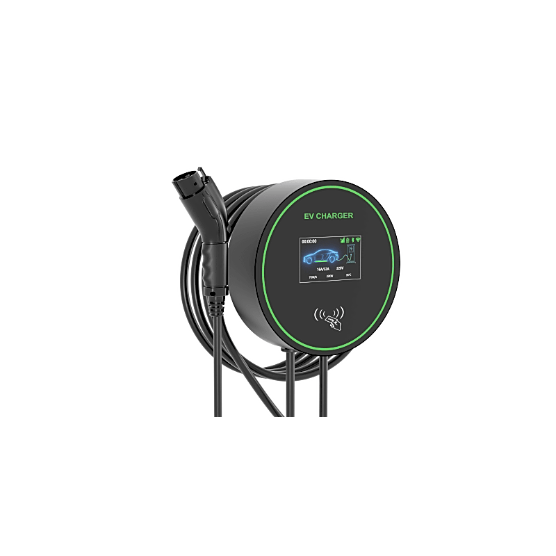 Estación de Carga para Vehículos Eléctricos / 48A 11.5kW / Voltaje 220-250V 1 Fase y 380-480V 3 Fases / Pantalla LCD 4.3 Pulgadas / Cable TPU 5 Metros / Protecciones Múltiples / Conectividad Plug and Play APP RFID / Carcasa Alu