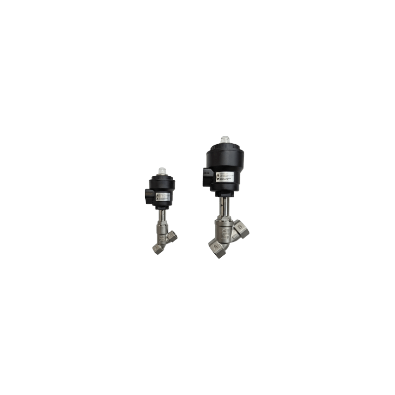 Válvula de Asiento Angular Neumática 2 Vías / Accionamiento Simple Normalmente Cerrada / Conexión 3/4" NPT / Cuerpo en Acero Inoxidable 304 / Actuador Plástico / Temperatura Medio hasta +180°C / Presión M