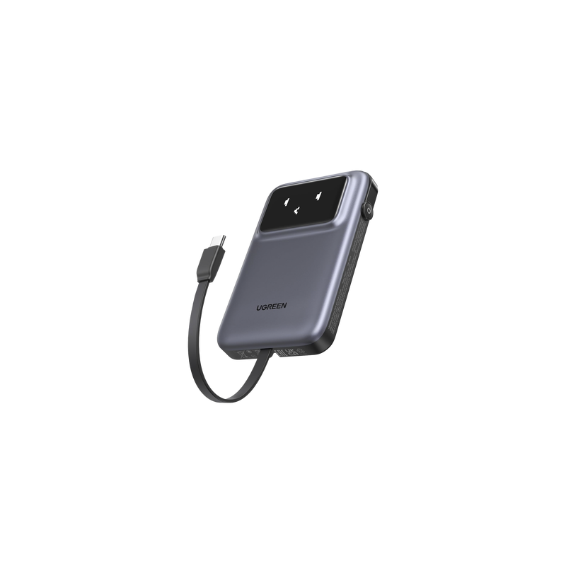 Power Bank Serie Uno |  10000mAh | 30W |  con Cable USB-C Incorporado | 2 Salidas 30W Max. | Pantalla Inteligente | Carcasa Ignifuga | Aprobado por Aerolíneas.| Color Grey.
