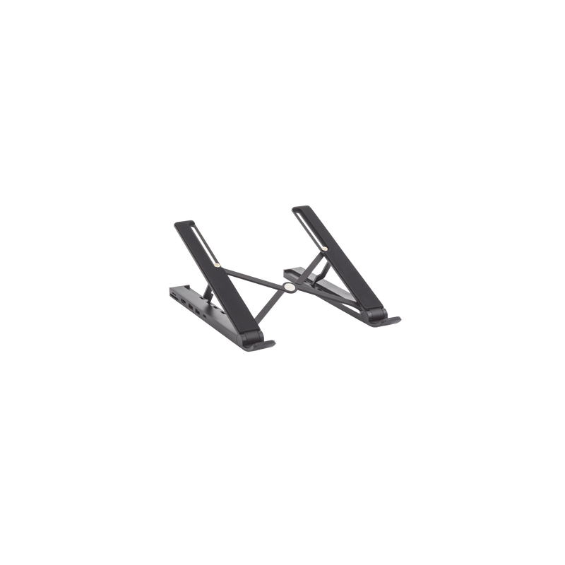 HUB (Docking Station) 5 en 1 con Soporte para Laptop | 2 USB 3.0 a 5Gbps | HDMI 4K@30Hz | Memoria Micro SD (TF) + SD | Amplia Compatibilidad de 10-15" | Ajuste de Altura | Aluminio | PC+ABS | Silicona | Color Negro.