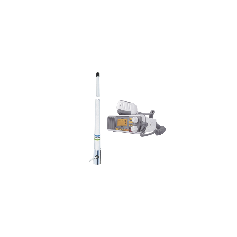 Kit de radio móvil VHF marino modelo UM-385 color blanco y antena marina Shakespeare de fibra de vidrio 5101