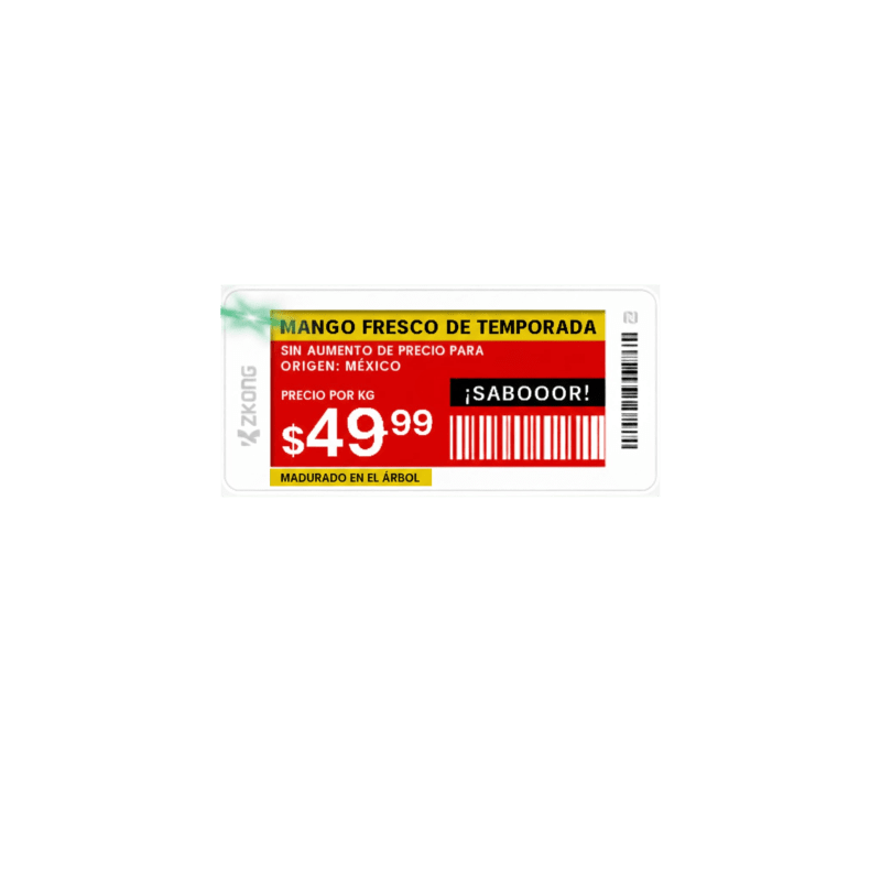 Etiqueta de Estantería Electrónica ESL ZKE21B / Pantalla EPD 2.13 Pulgadas / Resolución 122x250 Píxeles / 4 Colores (Negro Blanco Rojo Amarillo) / BLE 5.0 con Encriptación AES-128 / Batería 5 Años / NFC / C