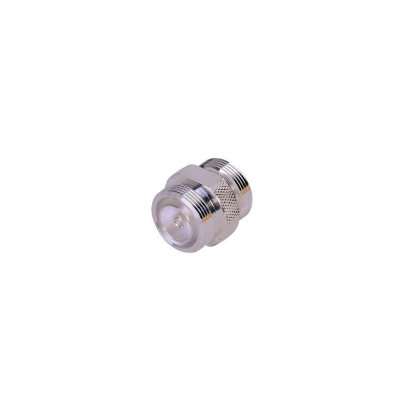 Adaptador Barril de Conector DIN-7-16 Hembra a DIN 7-16 Hembra, Plata/ Plata/ Teflón.