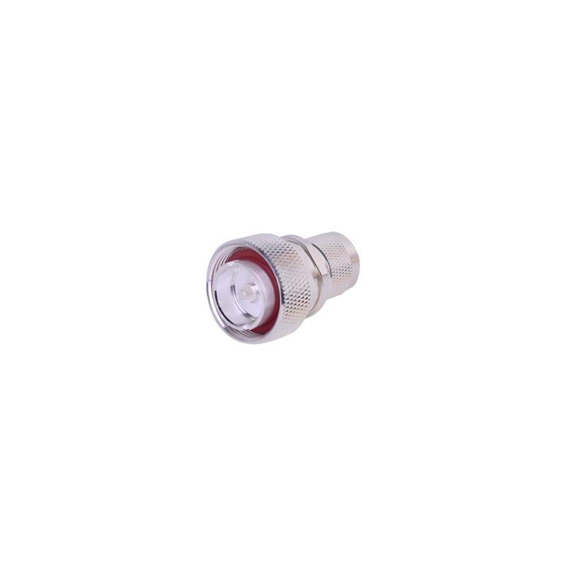 Adaptador en Línea de Conector DIN 7-16 Macho a N Macho, Plata / Plata / Teflón.